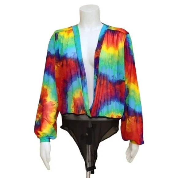 LOVE BRAND Rainbow Tie Dye Long Sleeve Bodysuit L Pride Festival Rave Faux Wrap - Picture 2 of 16